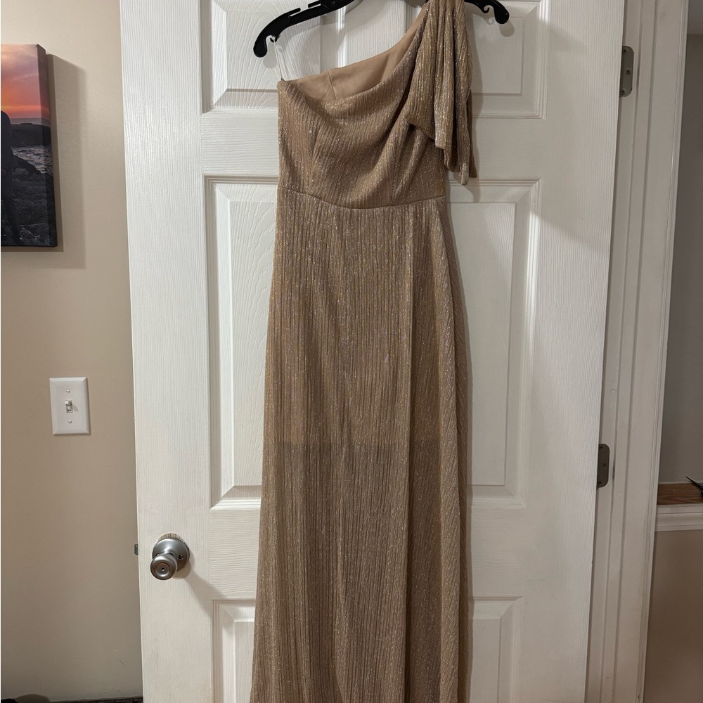 Betsy & Adam Gold Asymmetrical Draped One Shoulder Gown